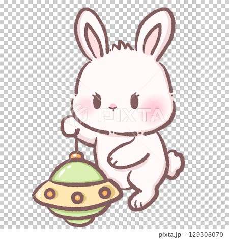 Cute white bunny holding green UFO spaceship kawaii space rabbit illustration pastel cartoon alien fantasy adorable extraterrestrial sci fi theme cosmic galaxy adventure digital art character 129308070