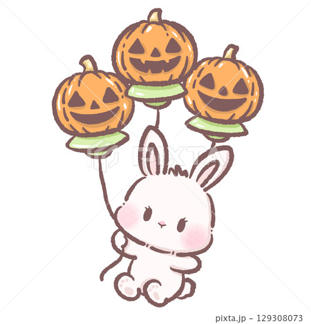 Cute white bunny floating with jack o lantern UFO balloons kawaii Halloween space rabbit illustration cartoon galaxy fantasy character adorable spooky sci fi trick or treat digital art design 129308073