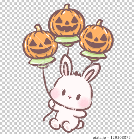Cute white bunny floating with jack o lantern UFO balloons kawaii Halloween space rabbit illustration cartoon galaxy fantasy character adorable spooky sci fi trick or treat digital art design 129308073