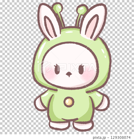 Cute white bunny wearing green alien costume with antenna kawaii space rabbit illustration pastel character cartoon outer space fantasy Halloween dress up adorable digital art for kids theme 129308074