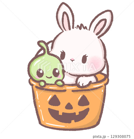 Cute white bunny and green alien blob sitting in jack o lantern candy bucket kawaii Halloween space rabbit illustration cartoon fantasy character trick or treat sci fi galaxy theme digital art 129308075