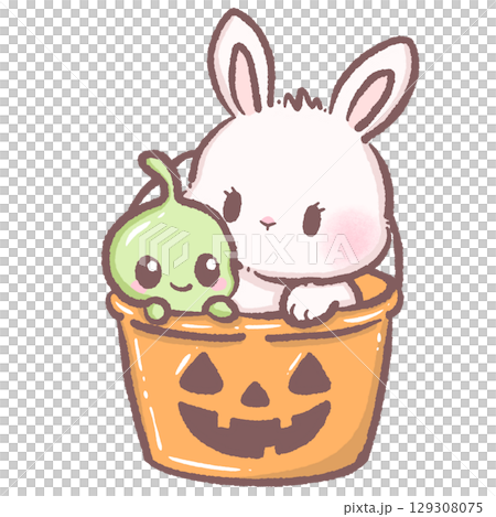 Cute white bunny and green alien blob sitting in jack o lantern candy bucket kawaii Halloween space rabbit illustration cartoon fantasy character trick or treat sci fi galaxy theme digital art 129308075