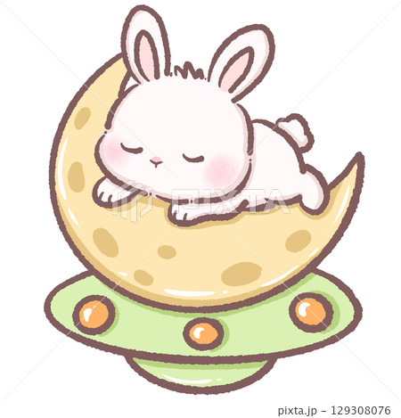 Cute white bunny sleeping on crescent moon sitting on green UFO kawaii alien space rabbit illustration dreamy pastel galaxy fantasy character celestial cartoon aesthetic digital art Cute white bunny sleeping on crescent moon sitting on green UFO kawaii alien space rabbit illustration dreamy pastel galaxy fantasy character celestial cartoon aesthetic digital art 129308076