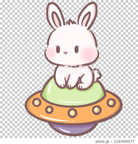 Cute white bunny riding colorful UFO spaceship kawaii space rabbit illustration galaxy fantasy cartoon sci fi extraterrestrial character flying alien theme pastel Halloween digital art design 129308077