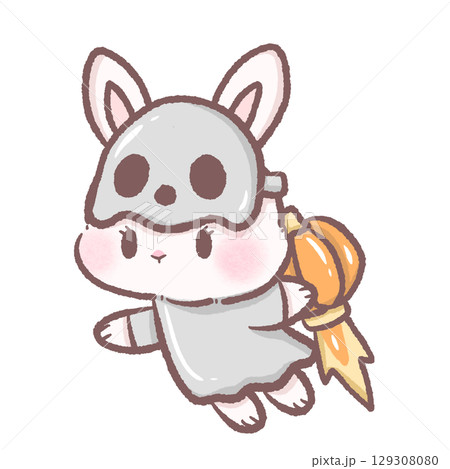 Cute white bunny flying with pumpkin jetpack wearing skull mask and ghost costume kawaii Halloween space rabbit illustration cartoon galaxy fantasy character adorable spooky sci fi digital art 129308080