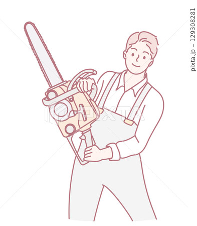 A Man Holding a Chainsaw in a Modern Line Art Style, showcasing various artistic elements and themes A Man Holding a Chainsaw in a Modern Line Art Style, showcasing various artistic elements and themes 129308281