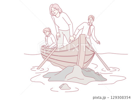 Three people in a boat navigate shallow waters during their scenic river journey 129308354