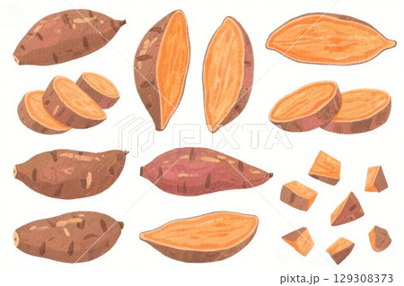 イラスト素材：さつまいもカット図 129308373