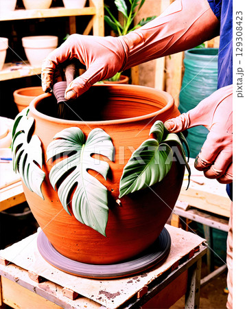 Pottery Studio Behind-the-scenes look at a potter crafting a unique pot for a Monstera. 129308423