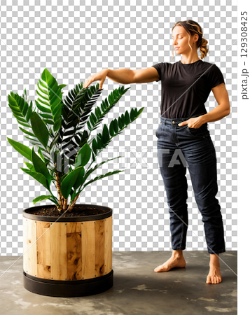 Modern Zamioculcas in wood and metal pot, soft side lighting, zero gravity pose, advertising style, clean backdrop 129308425