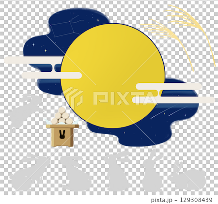 A circular illustration of a rabbit watching the moon 129308439