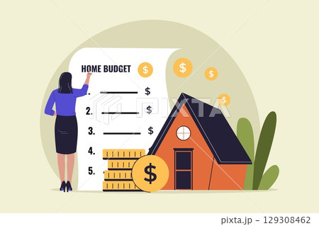 Woman Managing Home Budget with Financial List Illustration Woman Managing Home Budget with Financial List Illustration 129308462