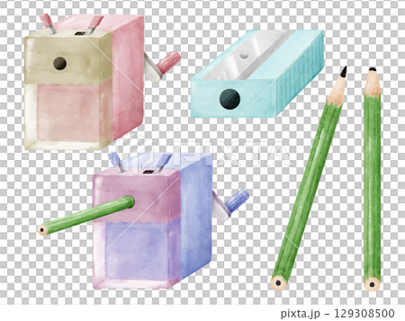 Watercolor style pencil sharpener and pencil illustration set 129308500
