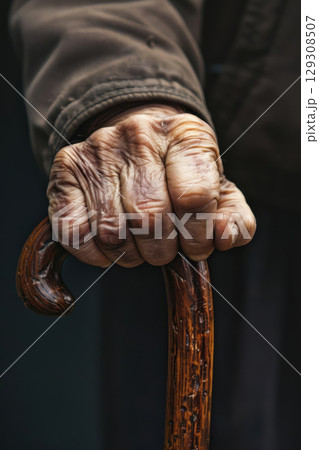 Closeup of older person's hand resting on a cane, concept of aging with dignity. 129308507