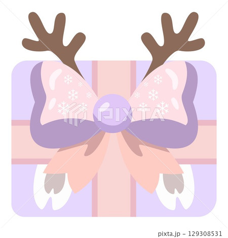 パステルラベンダー色のトナカイのリボン付きの可愛いプレゼントイラスト素材 129308531