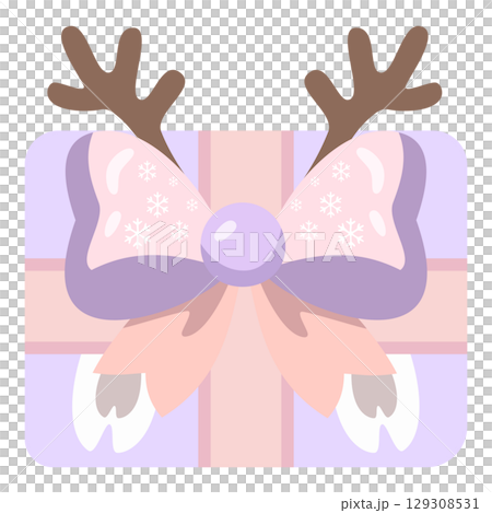 パステルラベンダー色のトナカイのリボン付きの可愛いプレゼントイラスト素材 129308531