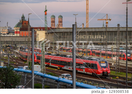 Trains at Munchen Hauptbahnhof Central Railway Station, main railway station in the city of Munich, Germany Trains at Munchen Hauptbahnhof Central Railway Station, main railway station in the city of Munich, Germany 129308538