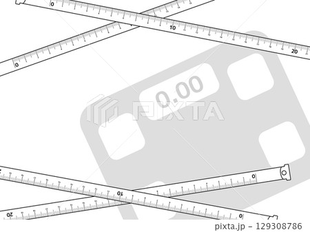 モノクロの重なる巻尺とシンプルな体重計の背景 129308786