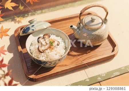 イラスト素材：松茸ご飯と土瓶蒸し 129308861
