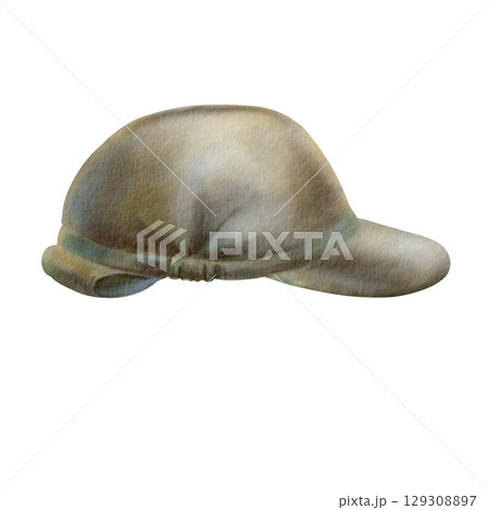 Vintage Portuguese military hat. Authentic 1970s soldiers cap in military design. For war history projects, vintage collections, or patriotic artwork. Hand drawn watercolor illustration isolated on Vintage Portuguese military hat. Authentic 1970s soldiers cap in military design. For war history projects, vintage collections, or patriotic artwork. Hand drawn watercolor illustration isolated on 129308897