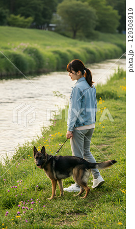 犬の散歩をする女性 129308919