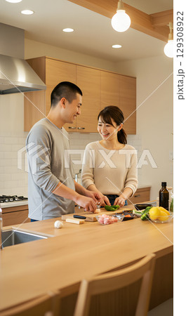 一緒に食事をつくる夫婦 129308922