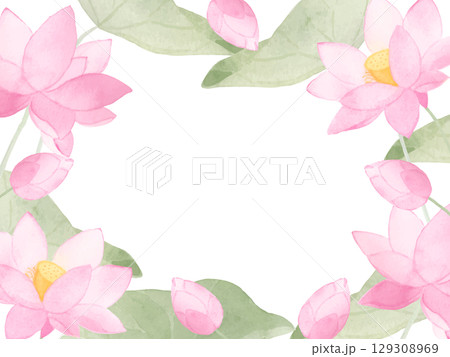 水彩で描いた蓮のフレーム 129308969
