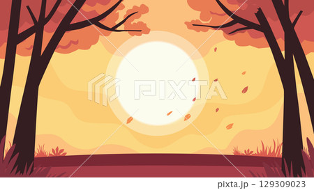 Golden Autumn Forest with Fallen Leaves Golden Autumn Forest with Fallen Leaves 129309023