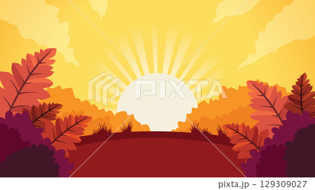 Golden Sunrise Light in an Autumn Forest 129309027