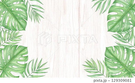 木目とモンステラ等のナチュラルなイラスト　生成AIイラスト 129309081