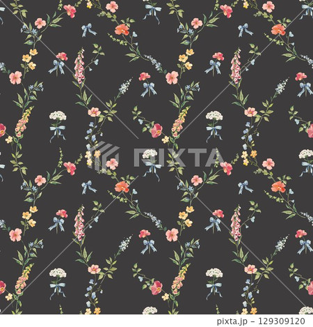 Seamless watercolor floral pattern with hand-painted wildflowers and leaves. Soft pink, yellow, and blue blossoms. Ideal for wallpaper, fabric, nursery decor, and spring-themed designs. 129309120