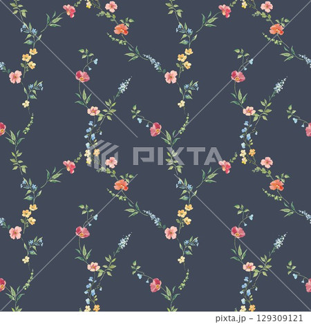 Seamless watercolor floral pattern with hand-painted wildflowers and leaves. Soft pink, yellow, and blue blossoms. Ideal for wallpaper, fabric, nursery decor, and spring-themed designs. Seamless watercolor floral pattern with hand-painted wildflowers and leaves. Soft pink, yellow, and blue blossoms. Ideal for wallpaper, fabric, nursery decor, and spring-themed designs. 129309121