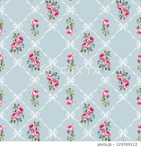 Shabby chic rose pattern with ribbons and gingham seamless vintage floral design with pink roses, blue bows, and pastel diamonds. Ideal for textiles, wrapping, and romantic interiors. 129309122