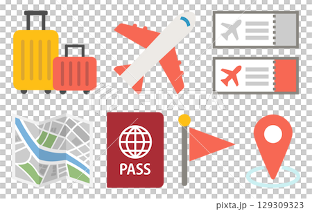 旅行のアイコンイラストセット レッド 旅行のアイコンイラストセット レッド 129309323