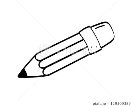 Pencil with an eraser at the end cartoon doodle icon. Vector illustration of stationery for school, office. Isolated on a white background. 129309389