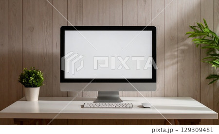 パソコンの画面は白色 落ち着いたデスク環境 生成AI パソコンの画面は白色 落ち着いたデスク環境 生成AI 129309481
