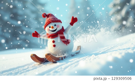 Playful funny snowman speeding downhill on a sled 129309506