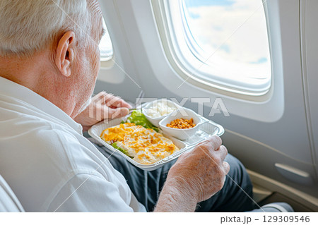 Elderly man enjoys meal on airplane in daylight, travel concept 129309546