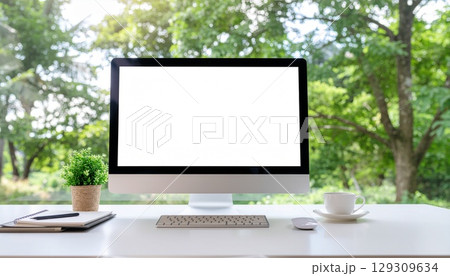 パソコンの画面は白色 背景が爽やかな森 生成AI パソコンの画面は白色 背景が爽やかな森 生成AI 129309634