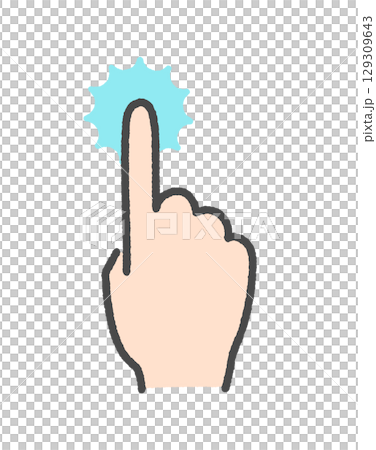 Hand-drawn icon of a hand with a raised index finger, tapping or touching - image of pressing hard, clicking, highlighting or recommending Hand-drawn icon of a hand with a raised index finger, tapping or touching - image of pressing hard, clicking, highlighting or recommending 129309643
