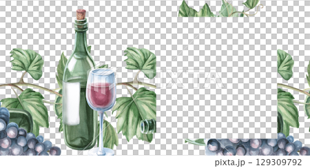 Rectangular frame with wine glass, bottles and curved grapevine. Isolated watercolor illustration for packaging design, restaurant menu, culinary blogs and magazines. 129309792