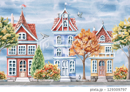 Seamless border with houses, autumn trees against the blue sky. Isolated watercolor illustration for interior design of children's rooms, excursion bureaus, seasonal menu in restaurants. 129309797