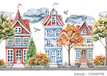 Seamless border with city houses, autumn trees and clouds. Isolated watercolor illustration for interior design of children's room, excursion bureaus, seasonal menu in restaurants. Seamless border with city houses, autumn trees and clouds. Isolated watercolor illustration for interior design of children's room, excursion bureaus, seasonal menu in restaurants. 129309798