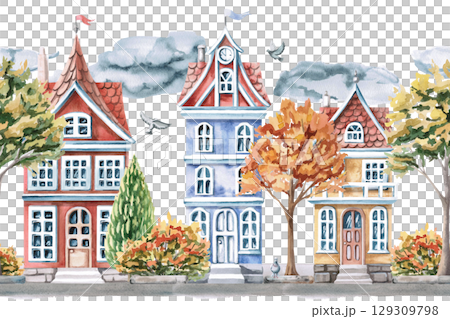 Seamless border with city houses, autumn trees and clouds. Isolated watercolor illustration for interior design of children's room, excursion bureaus, seasonal menu in restaurants. Seamless border with city houses, autumn trees and clouds. Isolated watercolor illustration for interior design of children's room, excursion bureaus, seasonal menu in restaurants. 129309798