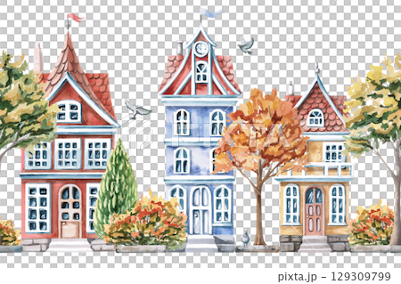 Seamless border with colorful city houses and autumn trees. Isolated watercolor illustration for interior design of children's room, excursion bureaus, seasonal menu in restaurants. 129309799