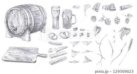 Set of all elements of beer collection. Isolated pencil illustration in realistic style for fairs, beer festivals, bars, interiors, menus. 129309823