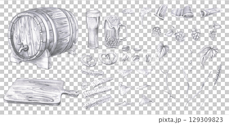 Set of all elements of beer collection. Isolated pencil illustration in realistic style for fairs, beer festivals, bars, interiors, menus. Set of all elements of beer collection. Isolated pencil illustration in realistic style for fairs, beer festivals, bars, interiors, menus. 129309823
