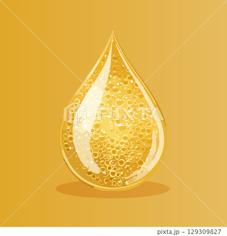 Golden transparent oil drop. Realistic glossy essence droplet. Vector illustration Golden transparent oil drop. Realistic glossy essence droplet. Vector illustration 129309827