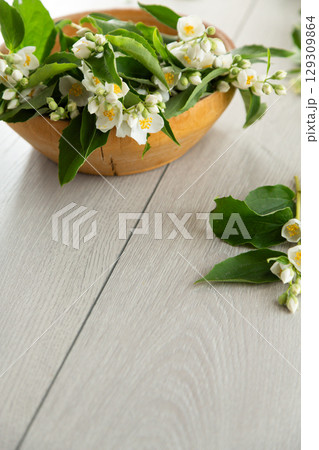 wooden background and white jasmine flowers wooden background and white jasmine flowers 129309864