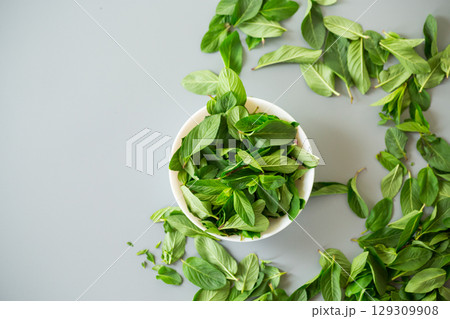 Fresh aromatic mint on minimalistic background from above 129309908
